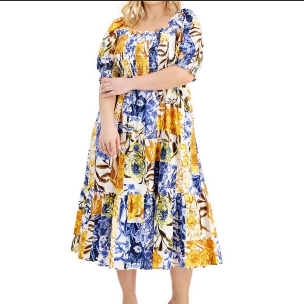 Printed Smocked Puff-Sleeve A-Line Dress